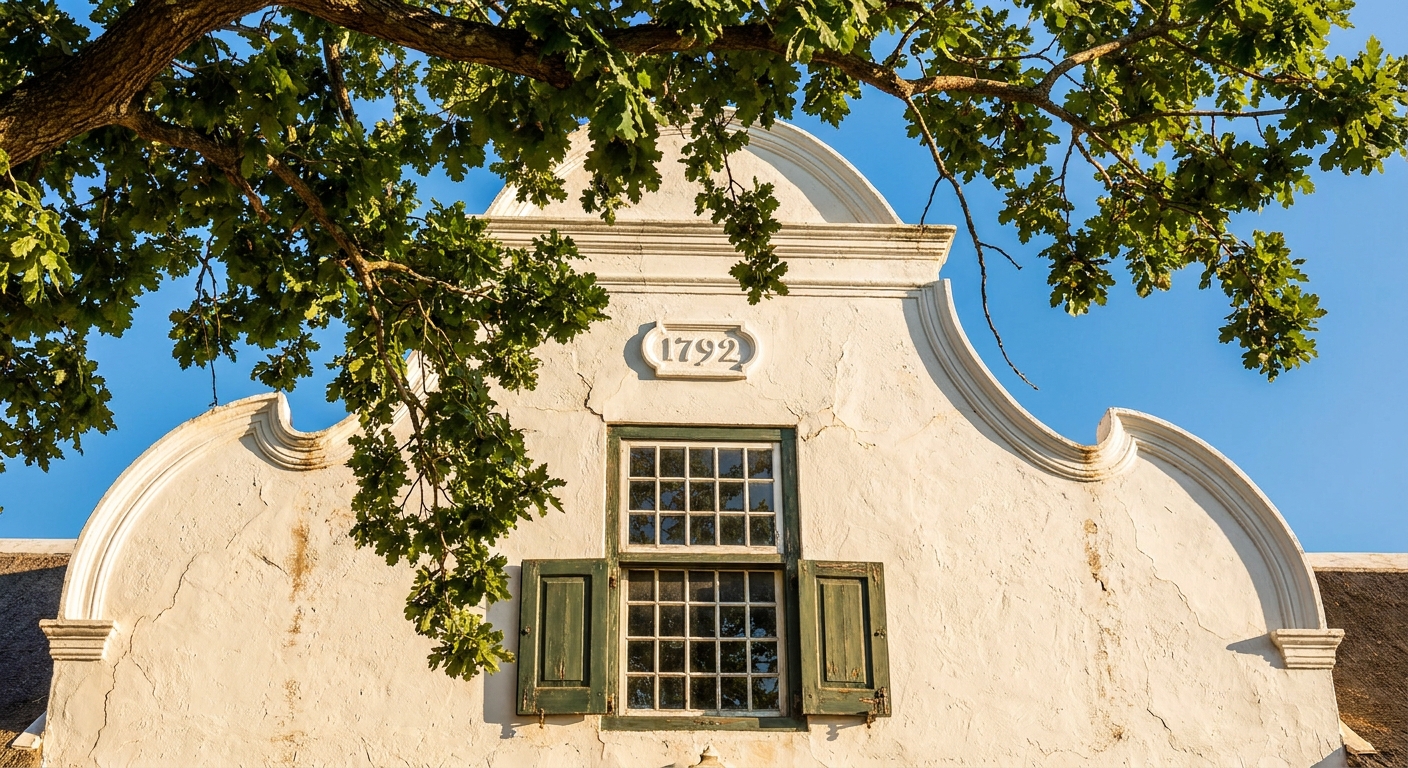 Front gable of Bloemhof Manor House framed by oak trees