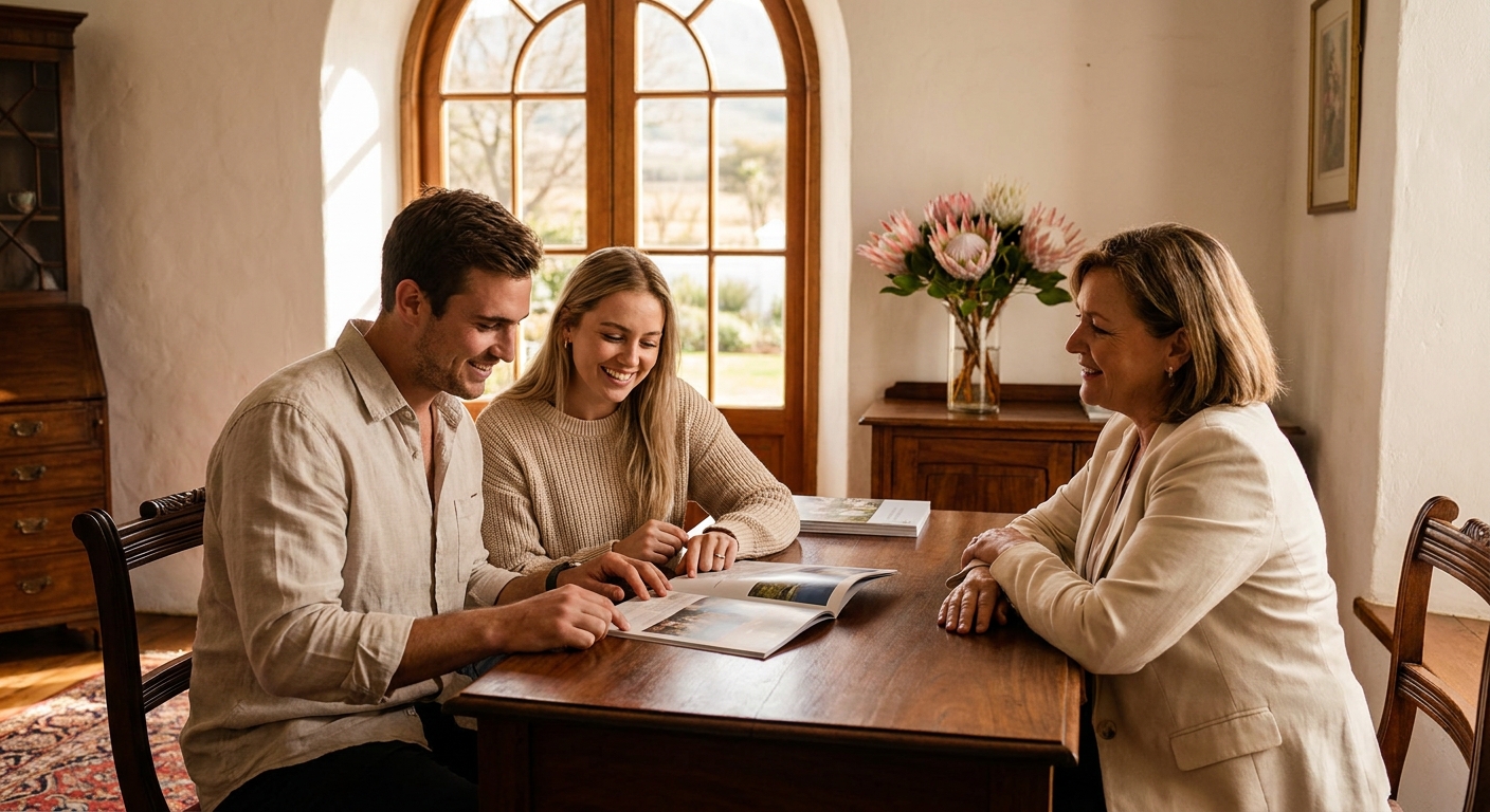 Smiling prospective students reviewing brochures at the manor reception
