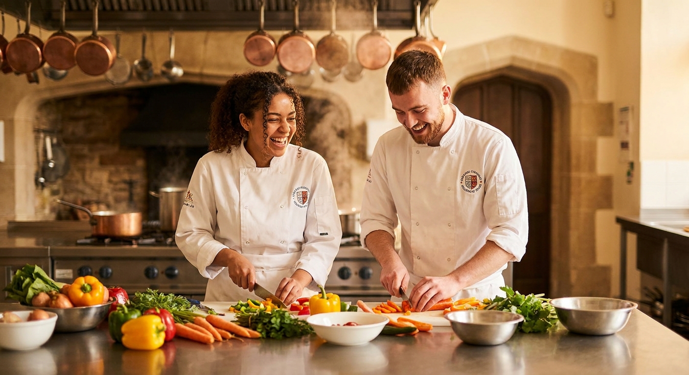 Students in chef whites preparing food in the manor kitchen