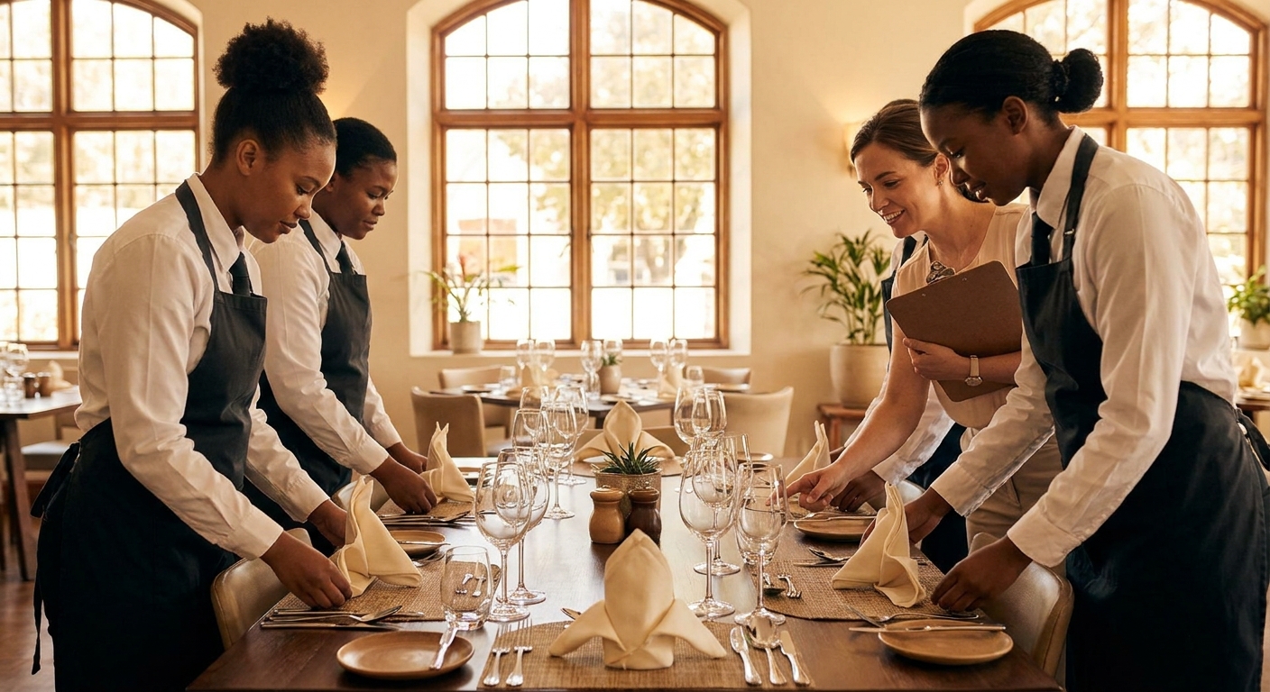 Students setting tables in the practice restaurant