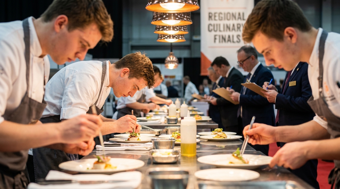 Young chefs competing at a regional culinary competition