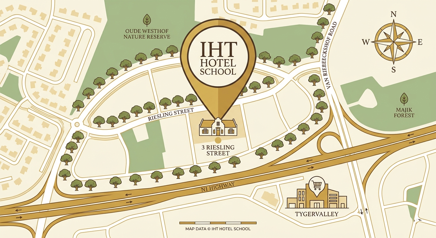 Illustrated map showing IHT Hotel School in Oude Westhof, Bellville, near the N1 and the Cape Winelands
