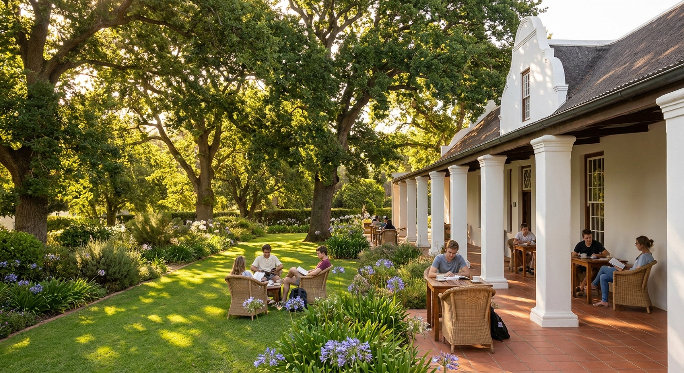Oak-shaded garden and stoep of the manor where students relax