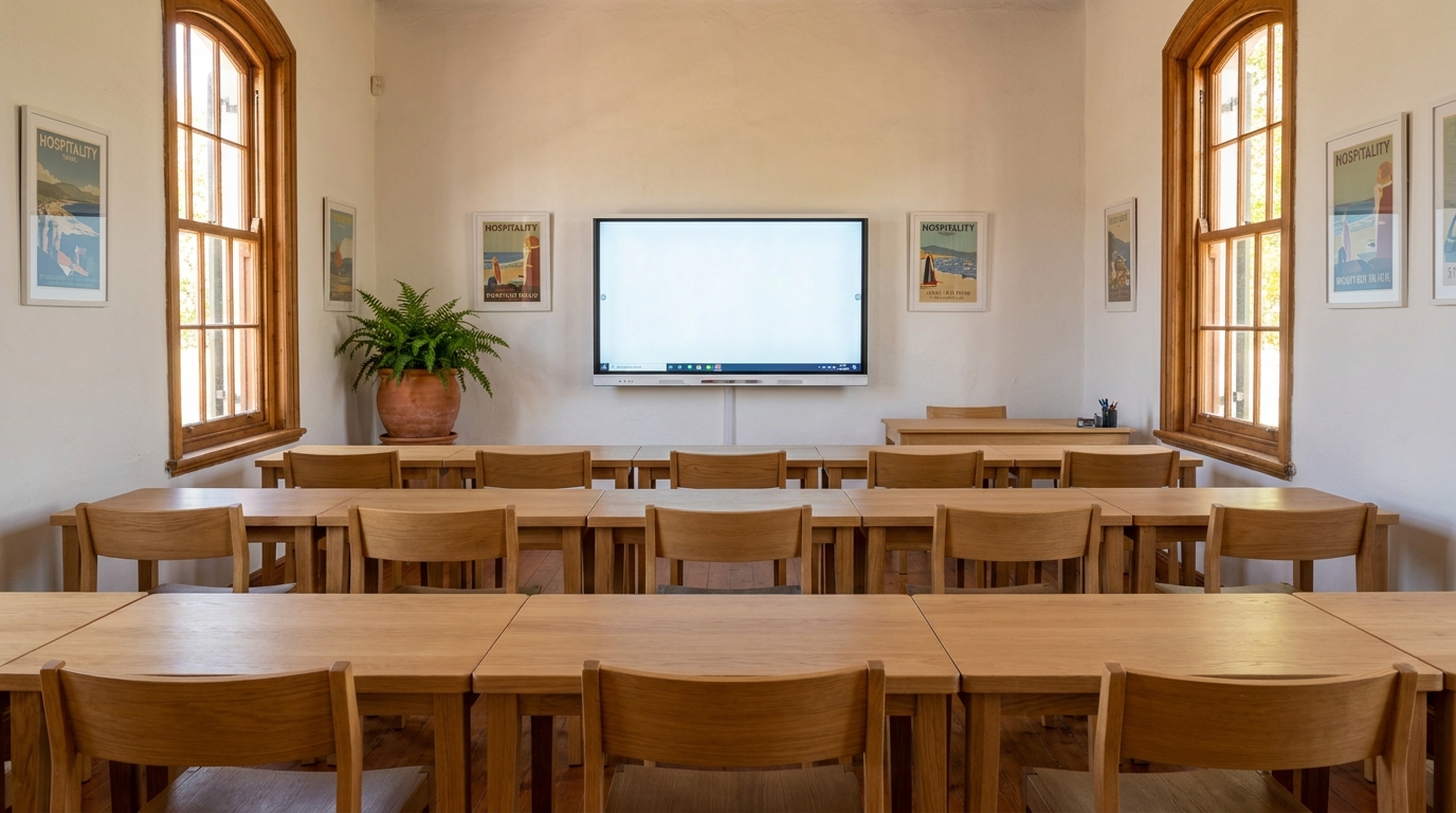 Bright lecture room with heritage windows and modern desks