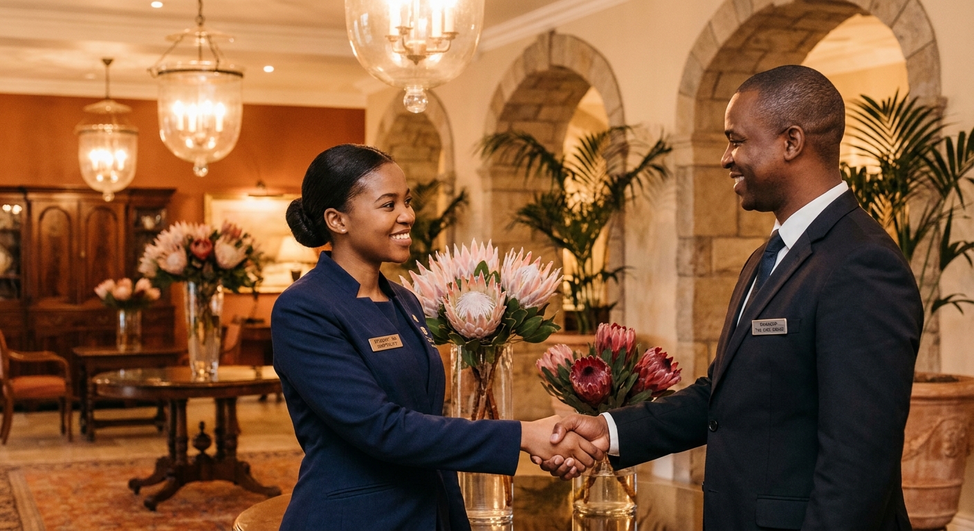 A graduate shaking hands with a manager in the lobby of an upscale Cape hotel