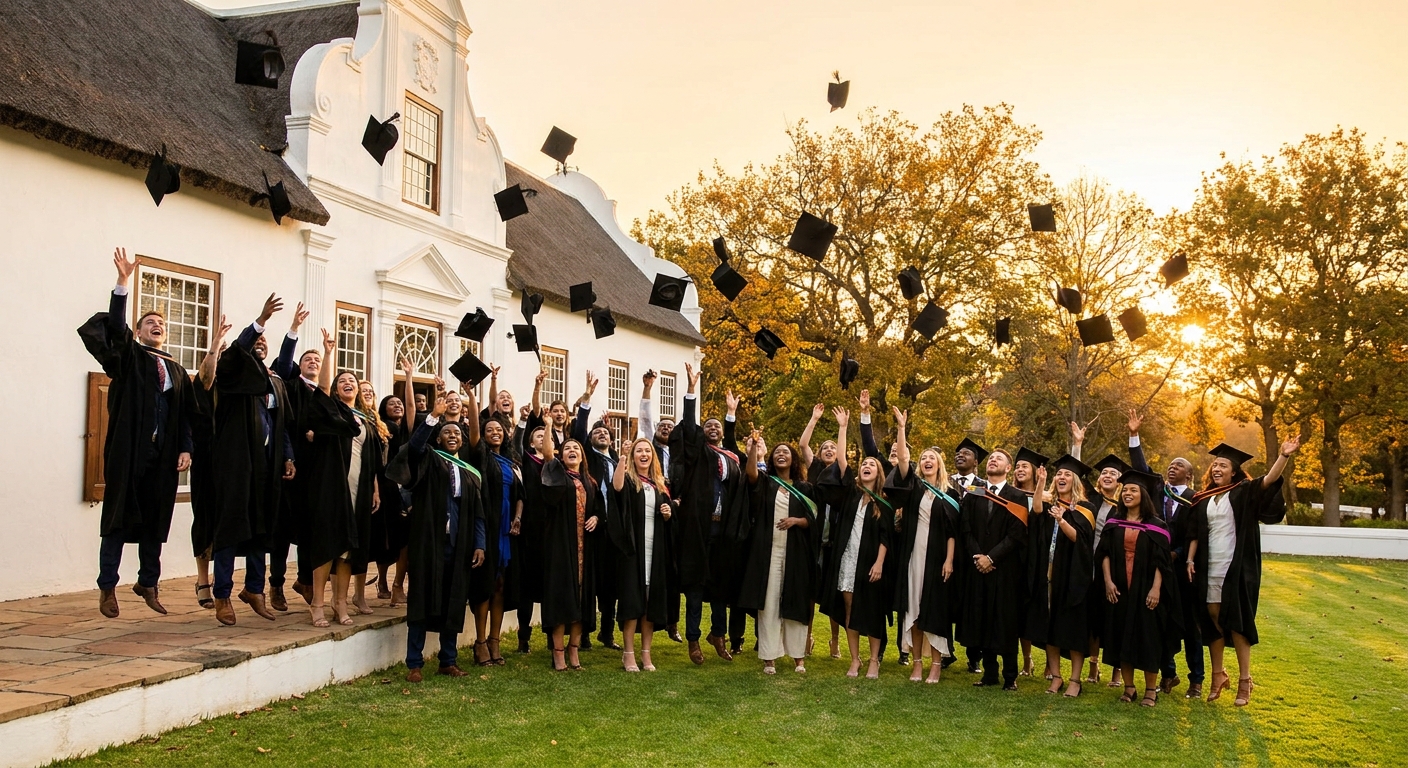 Graduates in caps and gowns celebrating on the manor stoep