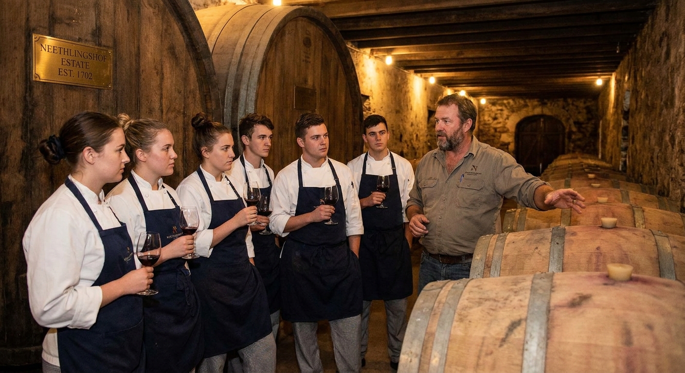 Students touring a Stellenbosch wine estate cellar