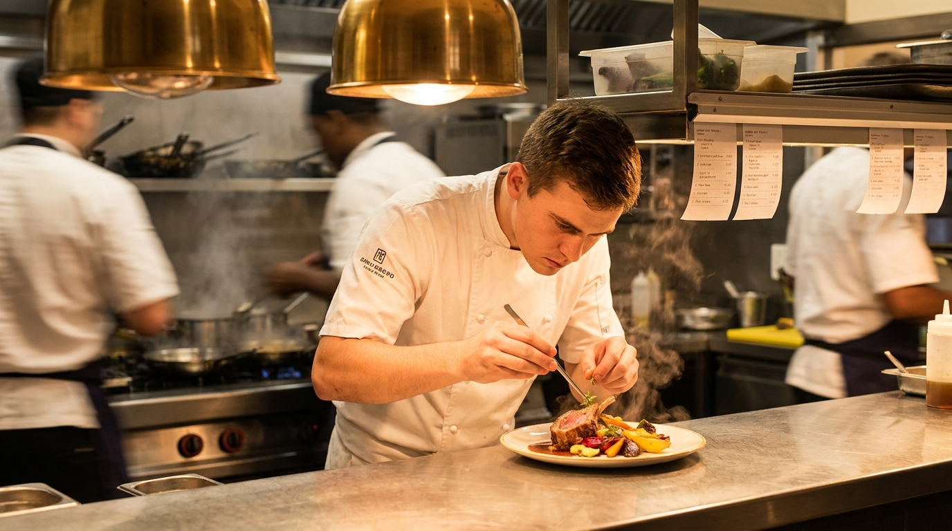 A young chef plating a refined dish in a bustling Cape Town restaurant kitchen