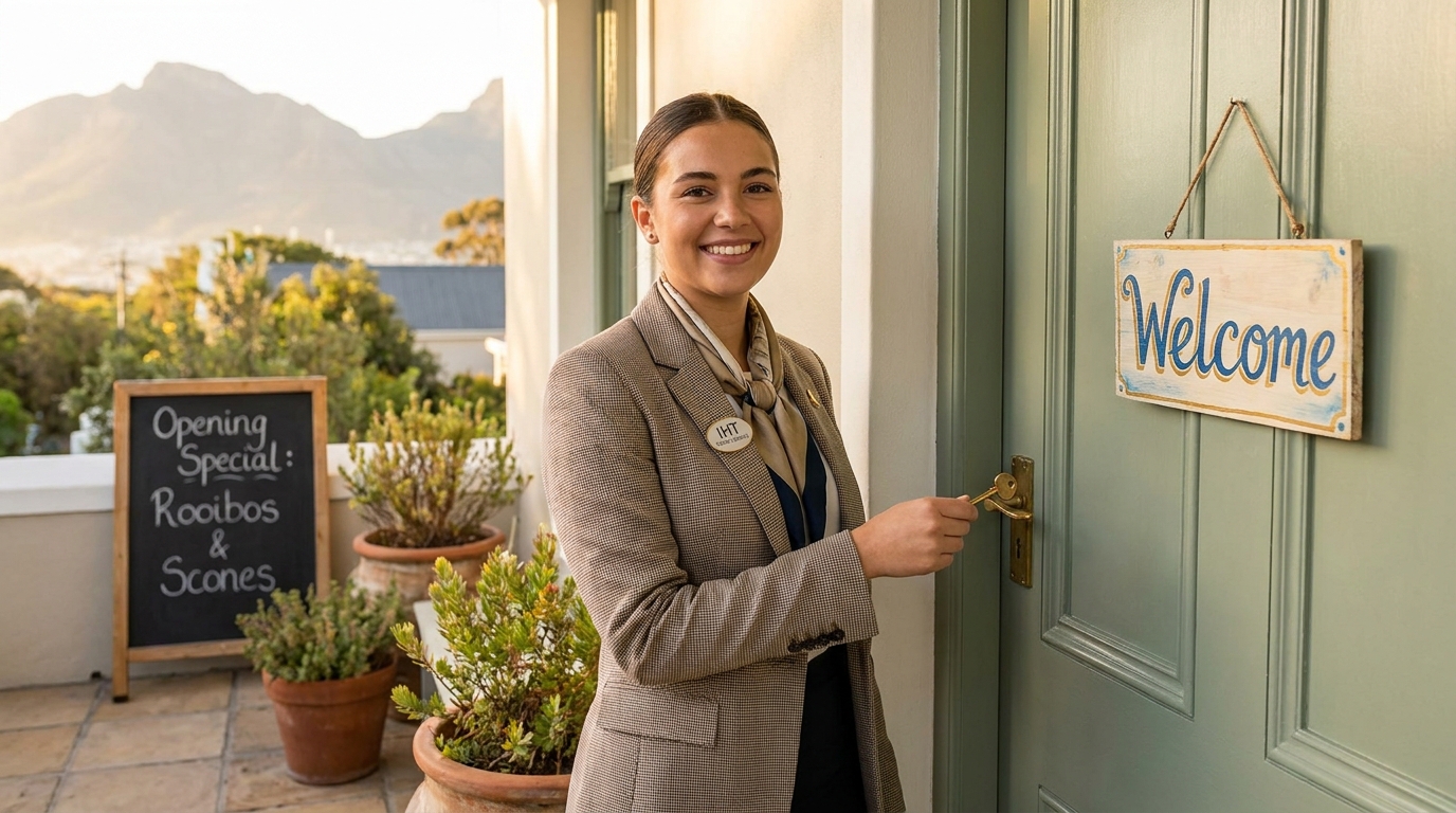 A young entrepreneur unlocking the front door of her newly opened Cape Town guesthouse