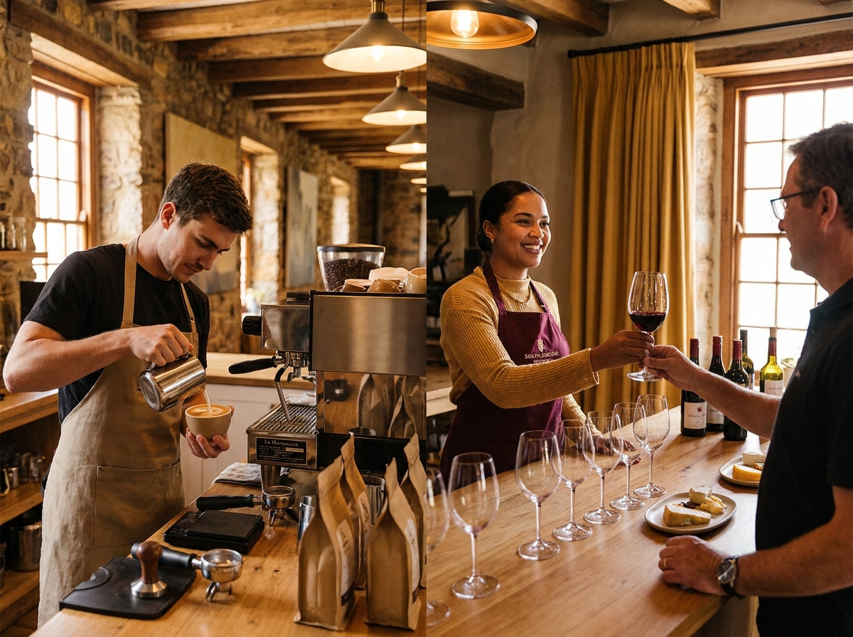 Short course students at a wine tasting and barista station
