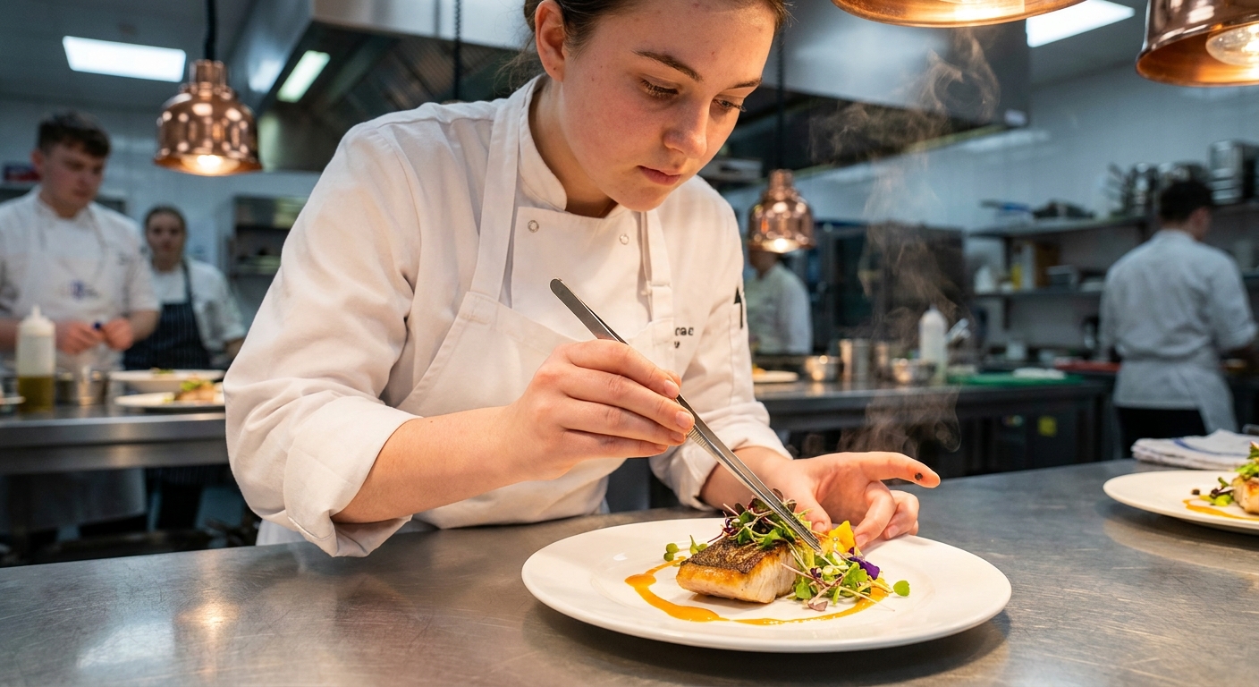 Professional cookery student plating a Cape gourmet dish