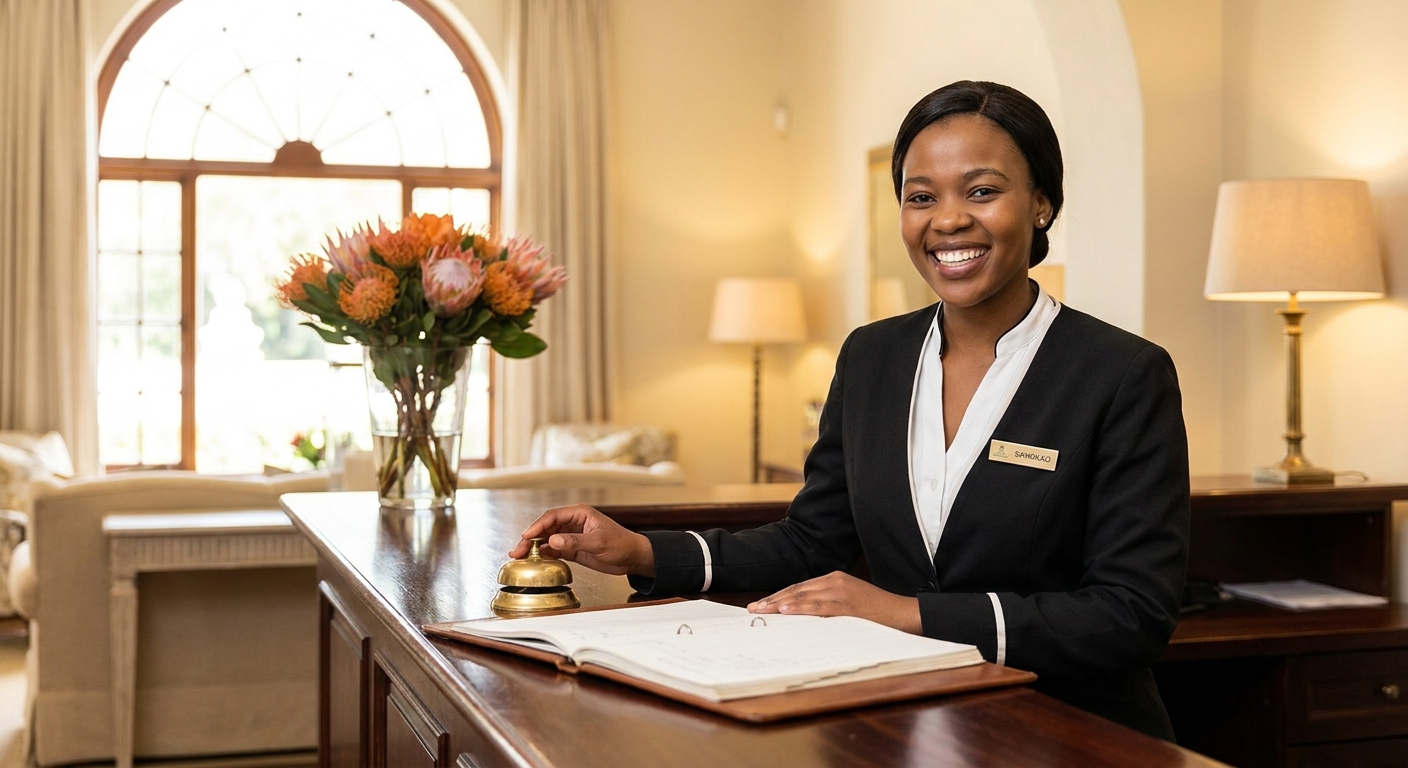 Hospitality management students at a hotel reception desk