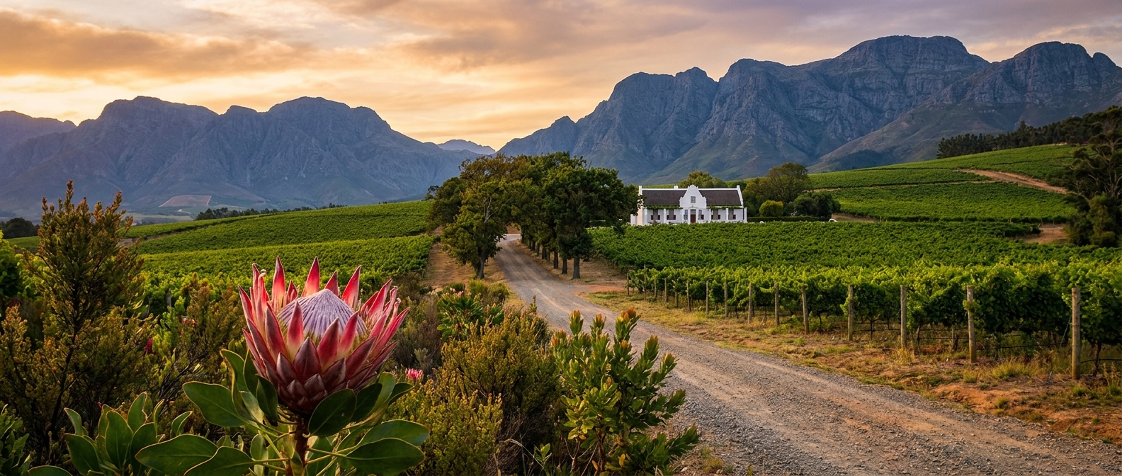 Cape Winelands landscape with fynbos and protea in the foreground