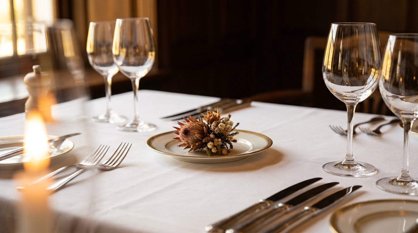 A perfectly set fine-dining table laid out by students in the practice restaurant