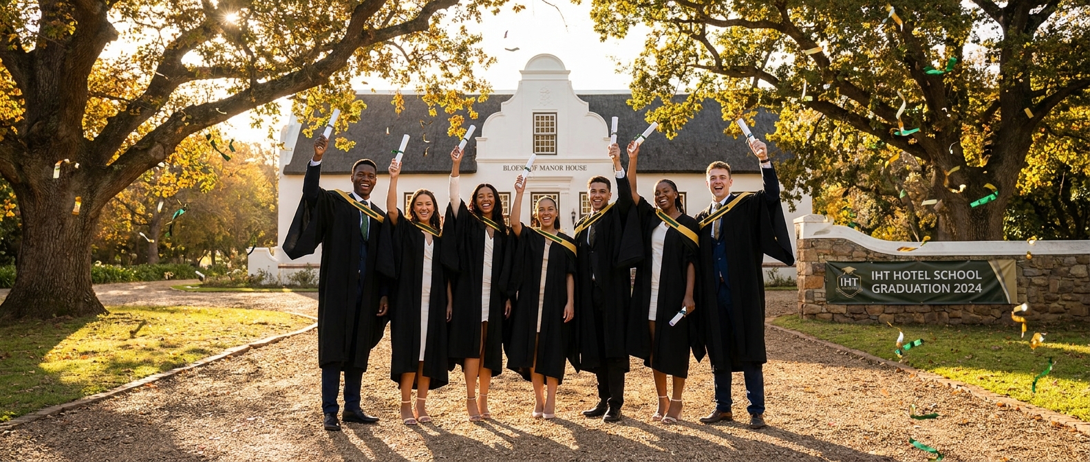 Newly graduated IHT students celebrating in front of Bloemhof Manor House