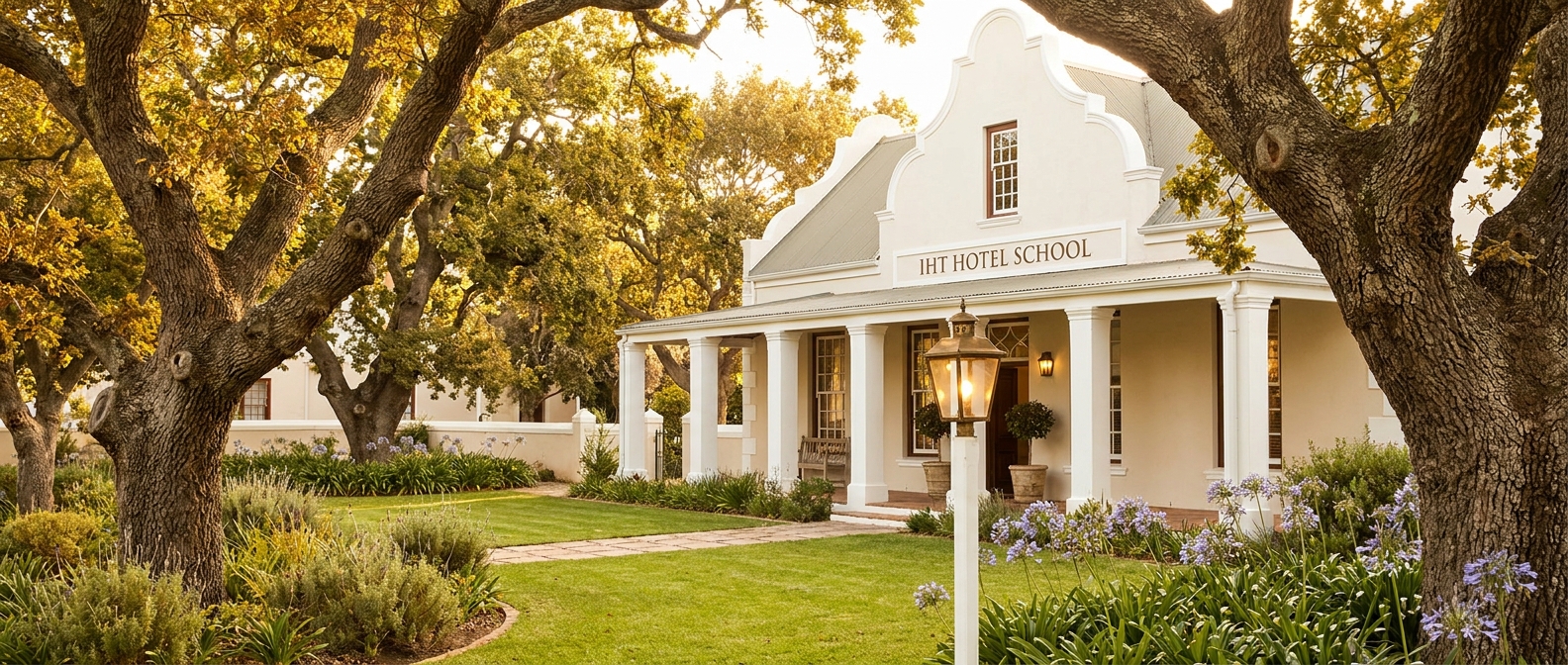 The Cape Dutch manor campus with oak-shaded gardens