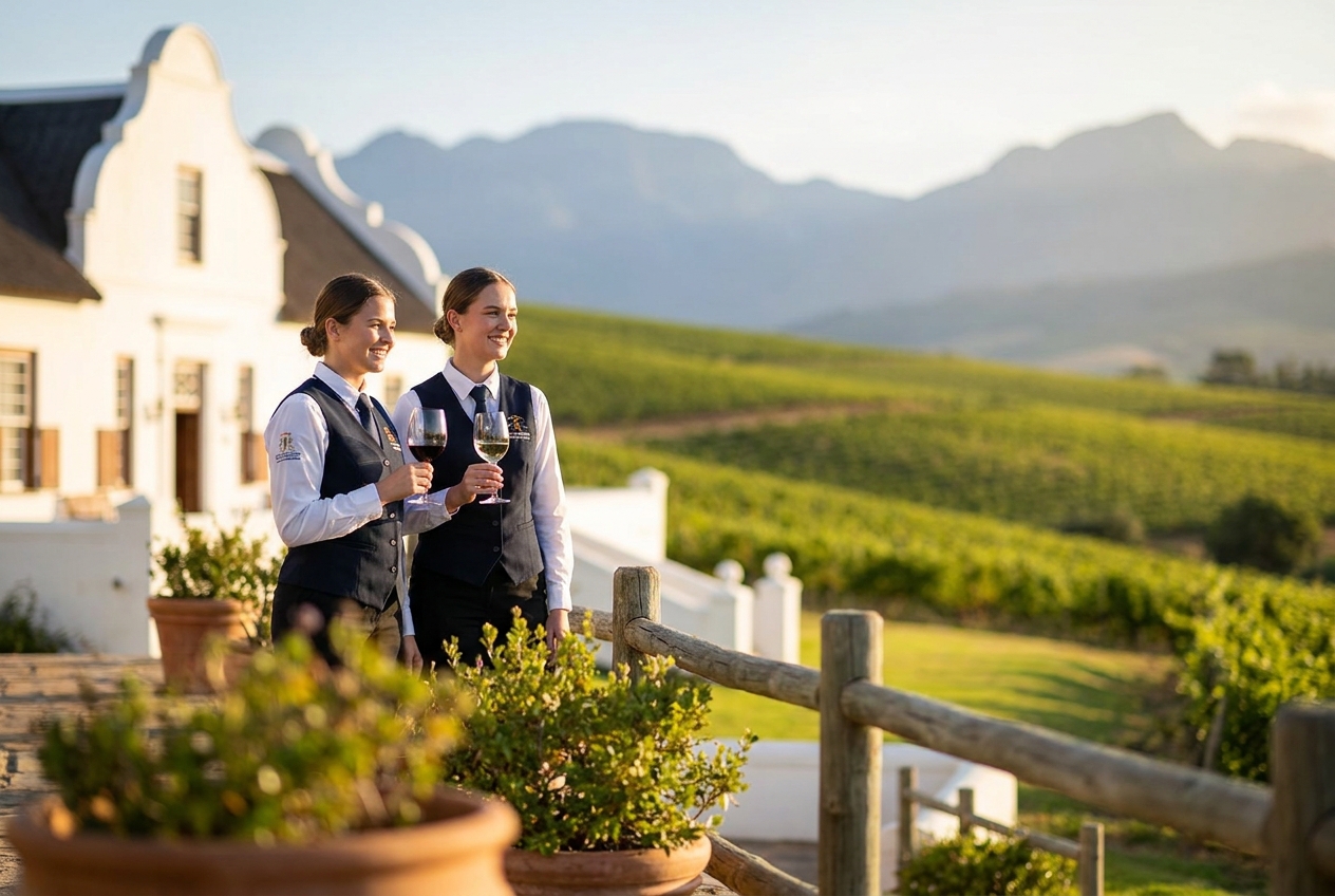 Students at a Cape Winelands wine estate with vineyards behind